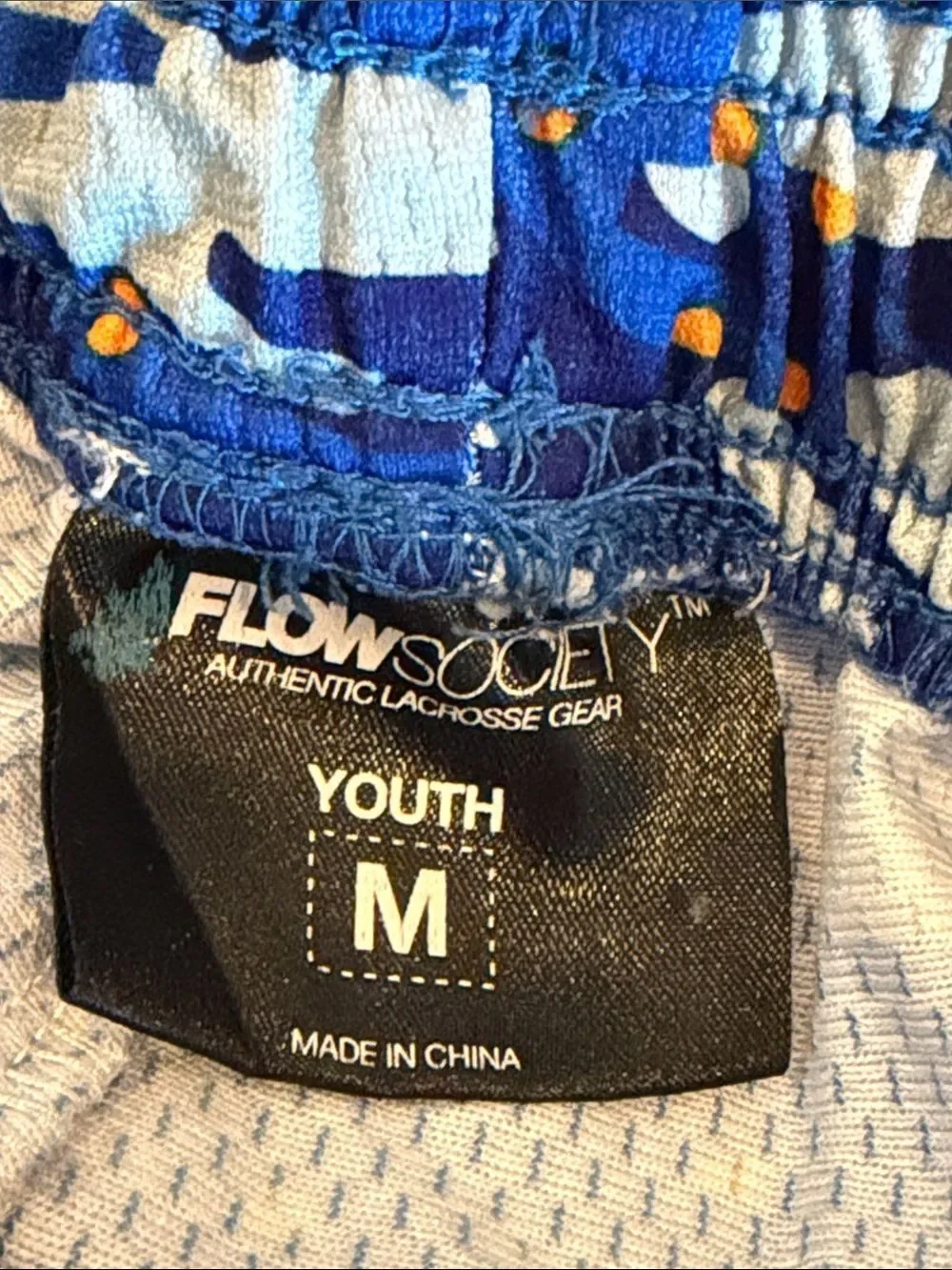 Flow Society Boys Medium Blue Athletic Shorts White Design & Orange Polka Dots